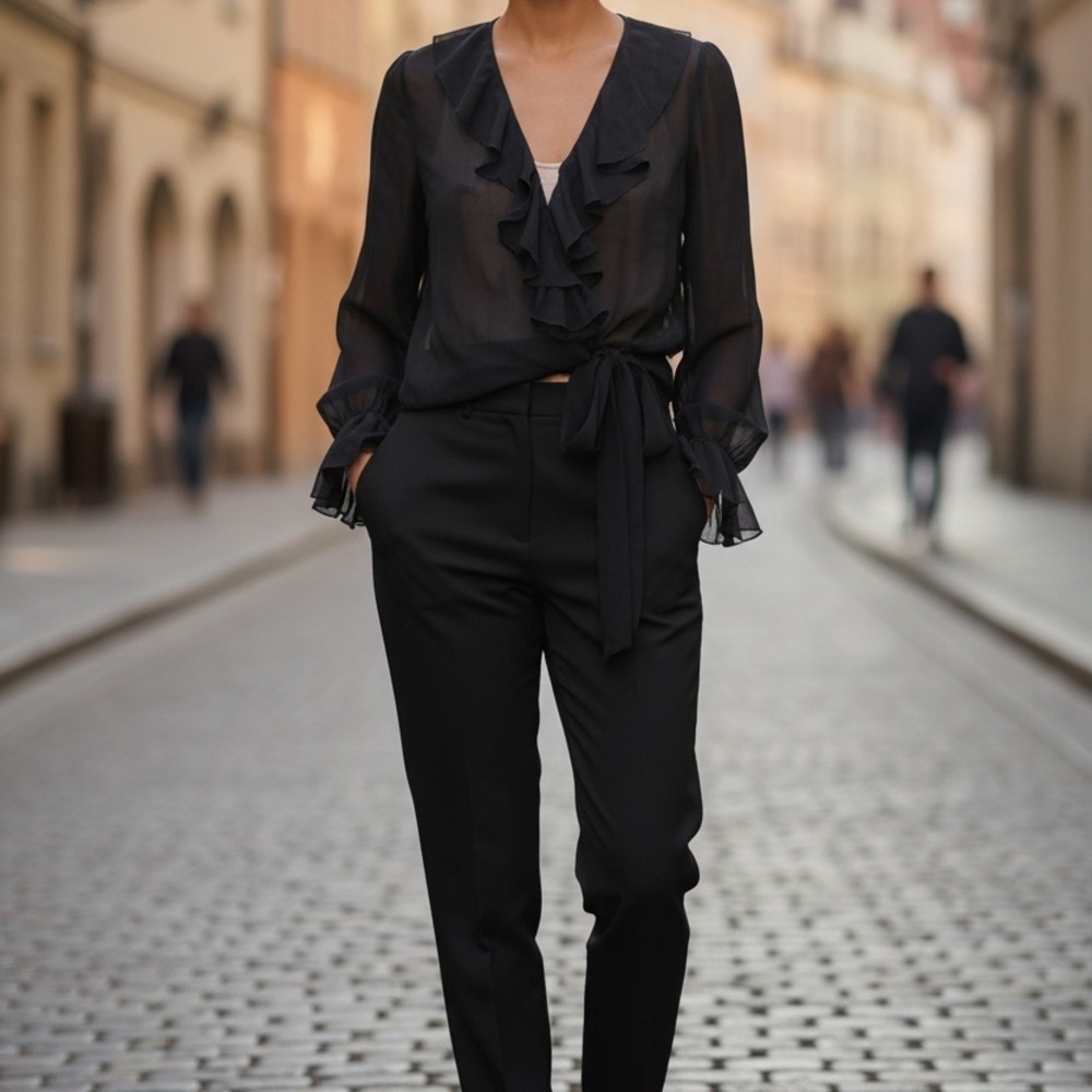 Ralph Lauren Black Ruffle Wrap Blouse Size 8